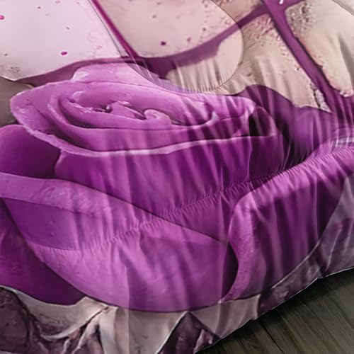 Image of AILONEN Purple Rose Comforter Set Full Size for Girls Women,Romantic Hearts Bedding Set for Bedroom Decor,3-Piece Cute Floral Quilt with 2 Pillowcases