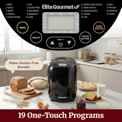 Elite Gourmet Programmable Bread Maker, 2 lb Loaf, 3 Sizes, 19 Presets incl. Gluten-Free, Dough & Jam, Delay Timer, Black