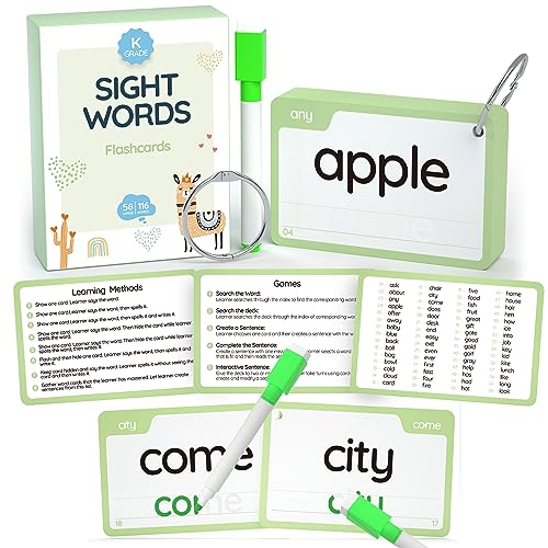 WJPC 58 Cards, 116PCS High Frequency Sight Words Flash Cards (Kindergarten), Phonics Learning Cards for Kids Ages 4,5,6 Years. Learn to Read, Write.