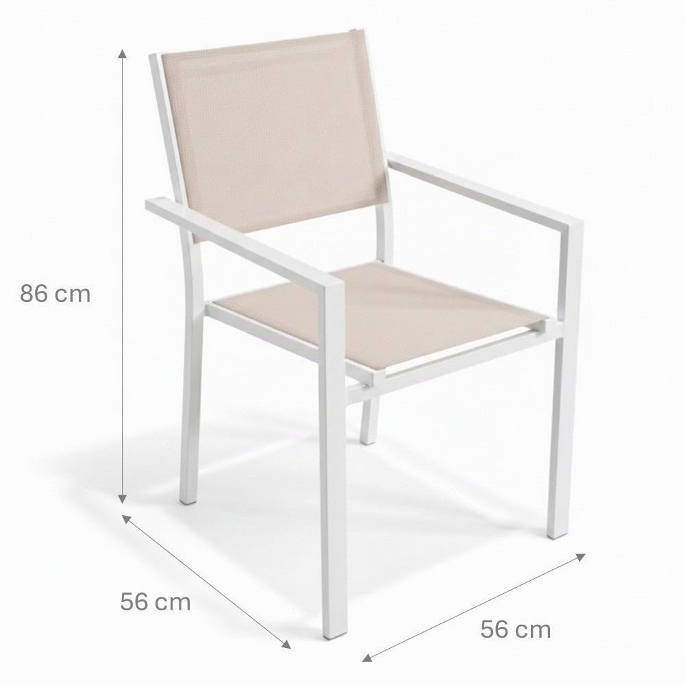 LOLAhome Set de 2 Sillas Thais de Aluminio Blanco y Textileno Beige, Elegantes, Apilables, Ligeras y Resistentes, Tratamiento anticorrosión para Exteriores, de 56x56x86 cm