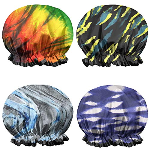 4-Pack Shower Caps for Women Tie Dye Rainbow Art Backgrounds Double Waterproof Layers Bathing Shower Cap Reusable Shower Caps