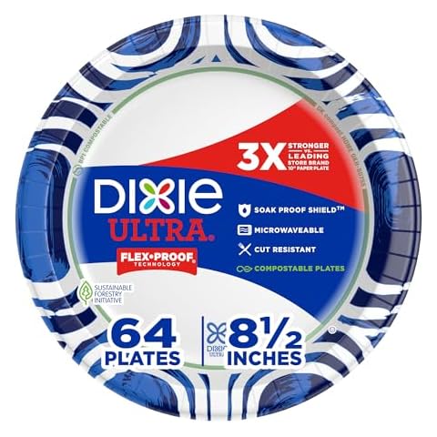 Dixie Ultra, Medium Paper Plates, 8.5 Inch, 64 Count, 3X Stronger*, Heavy Duty, Microwave-Safe, Soak-Proof, Cut Resistant, Disposable Plates For Heavy, Messy Meals Cover