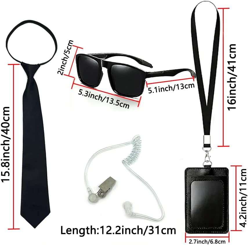 4 Pcs Agent Costume Set Frame Sunglasses Fake Earpiece Zip Tie ID Badge Secret Service Accessories for Halloween Cosplay Dress Up Black