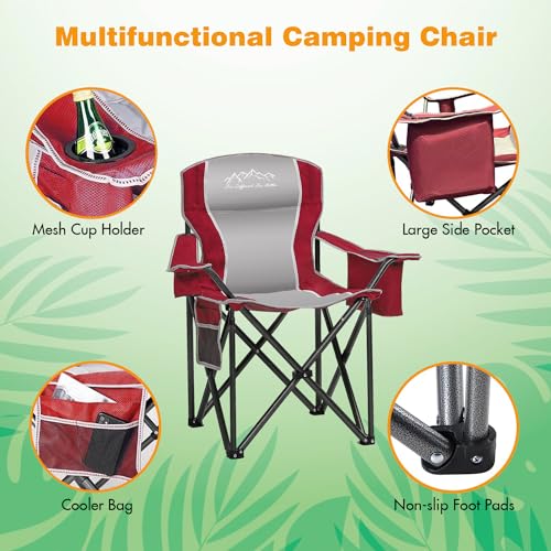 SAILARY Folding Camping Chair Portable Outdoor Heavy Duty Padded Chairs Lawn Chair with Cup Holder, Storage Pocket and Cooler Bag, Supports 450LBS Red - Thumbnail 4