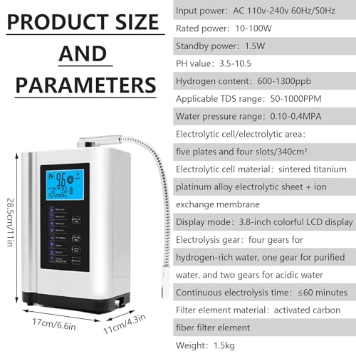 Foto von LADECNERHT Alkalischer Wasserionisierer, Redoxpotential Bis Zu ±550 Mv, Ph-Wert 3,5–10,5, 7 Wasserqualitätseinstellungen, Wasserstoffgehalt Bis Zu 1300 Ppb, 8000 Liter Pro Filter, LCD-Display,White