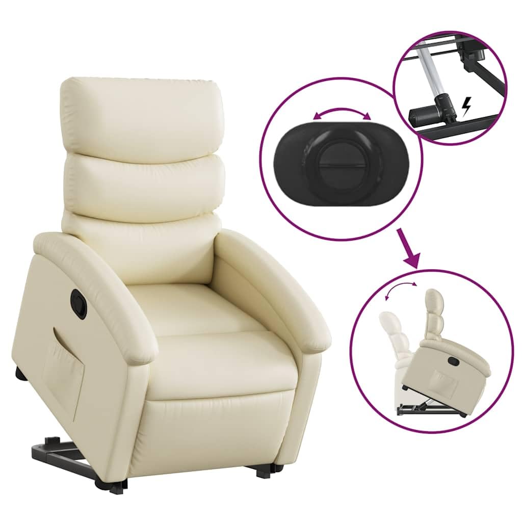 Sillón elevador reclinable, color crema, piel sintética