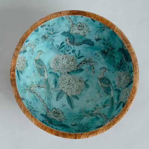 Image of SAAGA Printed Mango Wood Serving Bowl - 10 x 4 Inch Handcrafted Round Wooden Bowl | Food-Grade Finish for Noodles, Soups, Curries & Snacks - Marine Blue