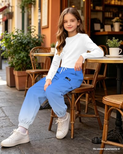 Image of Betusline Girls Fall Winter Clothing Sets, Long Sleeve Crop Top & Cargo Jogger Pants 2 Piece Outfit Sets,4T-14Y