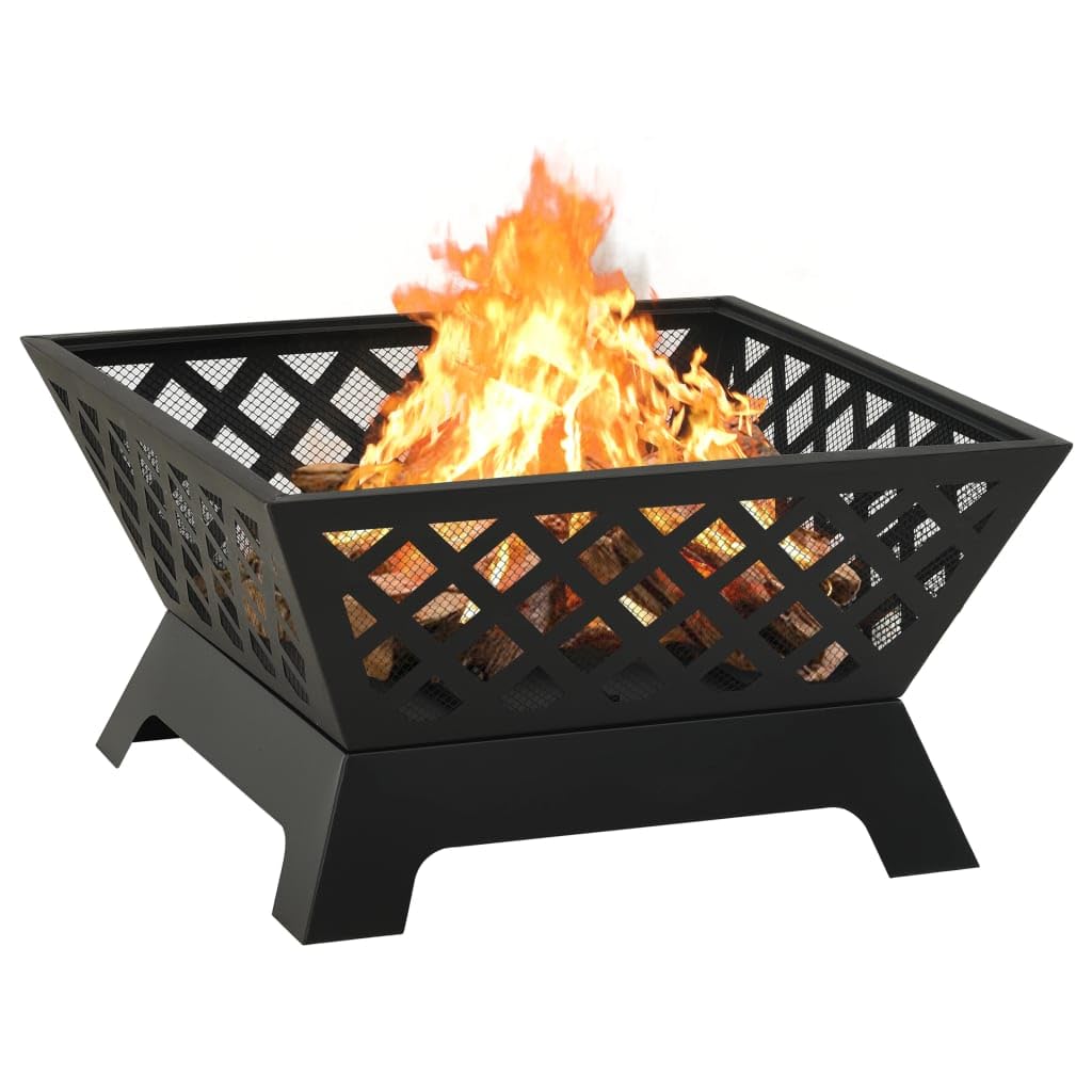 Feuerstelle mit Schürhaken 64 cm XXL Stahl, schwarzer Kamin ofen für terrasse und garten, mit funkenschutz, gitterabdeckung, wärme und deko für behaglichkeit im außenbereich
