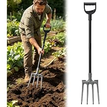 Pitch Fork, Metal Broadfork Garden Tool Long Handle, 4 Tine Mulch Hay Manure Digging Bedding Hay Potato Garden Fork Shovel for Gardening Loosening Soil Compost