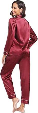 Super Shopping-zone Women's Satin Pajama Set Long Sleeve Pajamas Button Down Pjs Set Silky Sleep Set Sleepwear Loungewear