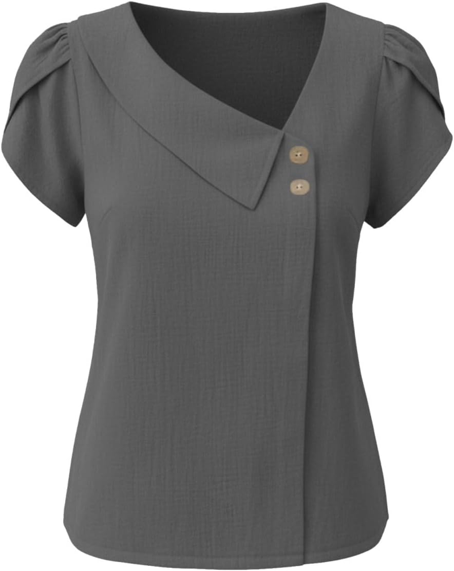 Women's Asymmetric Neck Blouse Puff Short Sleeve Fashion Dressy Top Loose Fit Business Casual Solid Color Shirt