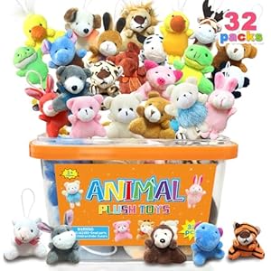 32Pcs Mini Plush Animals Toy Set Assortment Easter Christmas Bulk Stuffed Keychain Party Favors for Kids Small Animals Decorations Toys Carnival Prizes Birthday Goodie Bag Fillers