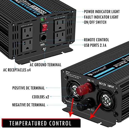Novopal Pure Sine Wave Power Inverter 1000 Watt 12V Dc To 110V/120V Ac Converter 4 Ac Outlets Car Inverter With One Usb Port 16.4 Feet Remote Control And Two Cooling Fans #TOP2