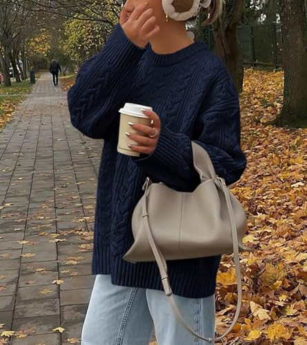Okiwam Women's Oversized Sweaters Crewneck Cable Knit Pullover Casual Loose Fall Outfits Fashion Clothes 2025