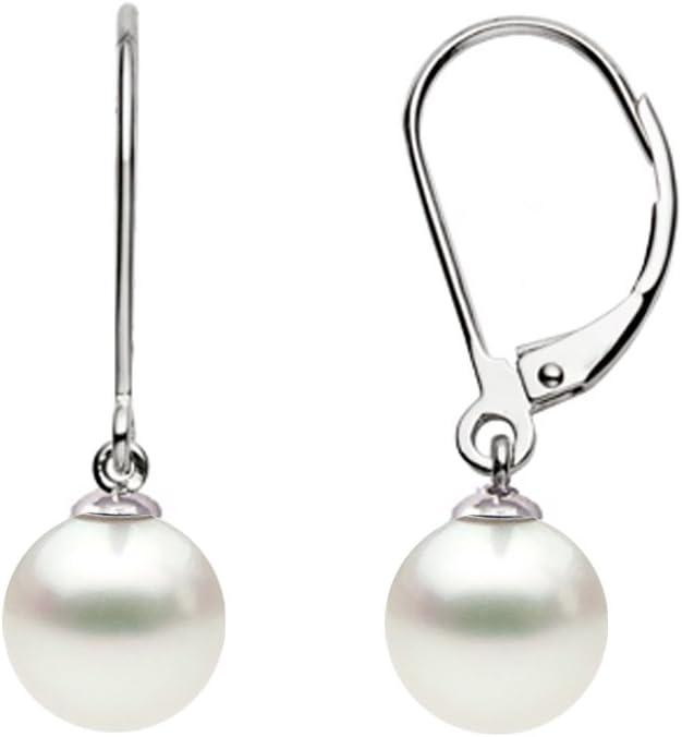 14k White Gold AA+ Quality White Freshwater Cultured Pearl Leverback Dangle Earrings for Women