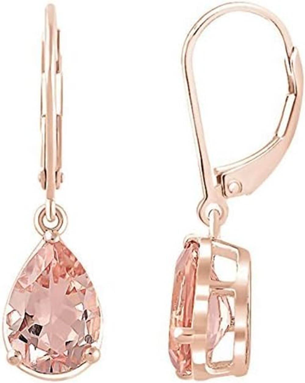 14K Rose Gold Finish Pear Cut Morganite 925 Sterling Silver Leverback Tear Drop/Dangle Earrings