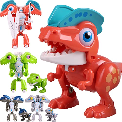 Transform Dinosaur Toys for Kids 3 4 5 6 7 Year Old, 4Pcs Flexible Transforming Mini Dinosaur, Jurassic World Action Figures, T-Rex Velociraptor, Kids Birthday Gifts for Boys and Girls