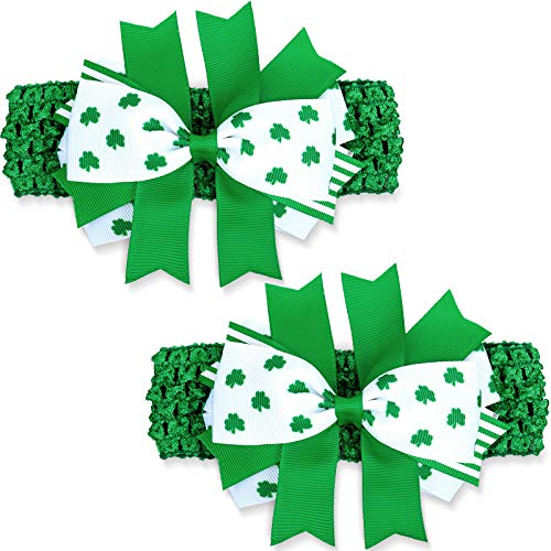 2 Pieces St. Patrick's Day Stretch Baby Headband Baby Girls Bowknot Headband with Shamrock Print Hair Band Headdress for Baby Toddler Girls