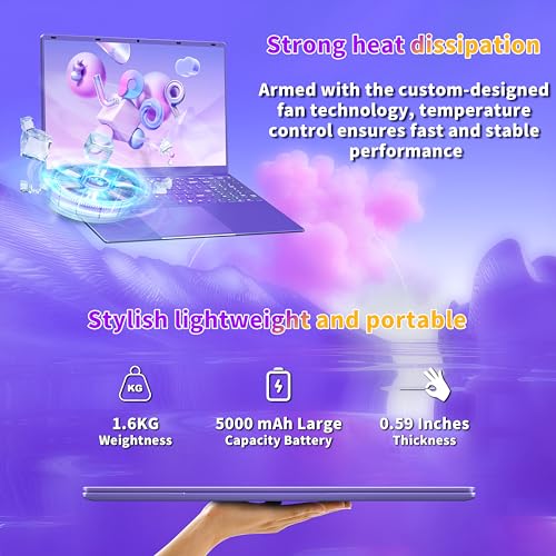 image for Nmybwo 16 Inch Purple Laptop Computer 12G LPDDR5 RAM 512GB NVMe SSD Al