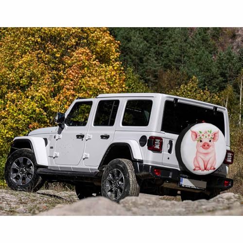Image of Pink Pig Spare Tire Cover Funny Piglet Wearing Wreath Farm Cartoon Watercolor Animal Weatherproof Universal Wheel Protectors Camper Tire Covers for Trailer Rv Travel(17 inch)