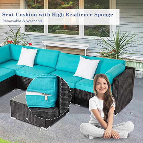 Kinfant Outdoor Patio Furniture Sofa - 7 PCs PE Black Wicker Sectional Sofa Sets with Glass Table and Cushions for Backyard, Pool (Turquoise)