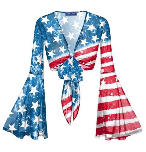 Image of For G and PL Women Tie Front Bell Sleeve Rave Crop Tops Floral Print Hippie Mesh Sheer Shirt