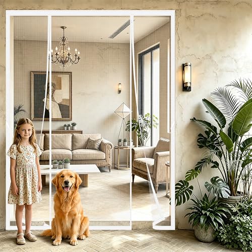 Mosquitera Puertas Abatibles Dobles 250x260cm Ideal para puertas grandes con instalación sin perforaciones para Solución elegante separar ambientes interiores y exteriores Blanco
