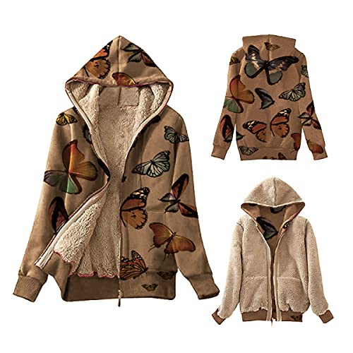 Eogrokerr Lässige Hoodies für Damen, Winter Warm Fleece Gefüttert Sweatshirt Pullover Damen Einfarbig Jacke Mantel mit Reißverschluss, Z1-khaki, 36 Cover