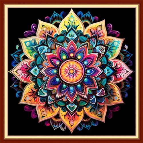 Image of Foxdiviy Cross Stitch Kits - Mandala 18x18 inch - Beginner Friendly - Embroidery Patterns - DIY Needlework - Colorful - No Frame - Includes Threads, Needles, Instructions