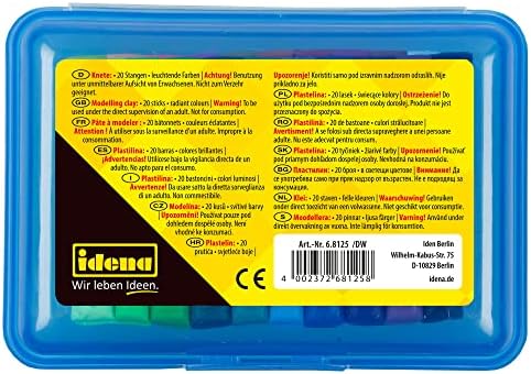 Idena 68125 - Pudełko z plasteliną z 20 laskami kolorowej plasteliny, w niebieskim pudełku do przechowywania, zabawa dla dzieci z plasteliną