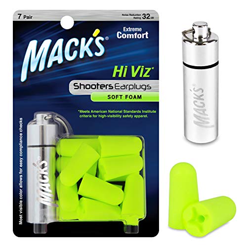 Mack's Hi Viz Soft Foam Shooting Earplugs, 7 Pair with Travel Case - Most Visible Color, Easy Compliance Checks, 32dB High NRR - Comfortable, Safe Ear Plugs for Hunting, Tactical, Target Shooting