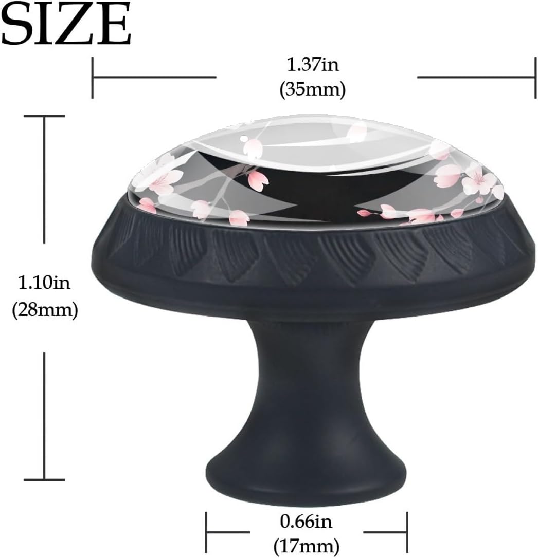 4 Pack Cherry Blossom Kitchen Cabinet knobs, 1.37 Inch Round Black Drawer Pulls for Bathroom, Dresser Drawer and Cupboard Hardware