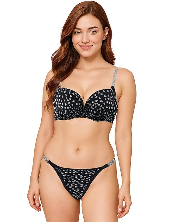 Image of Fashiol Women's Padded Wired Lingerie Set with Adjustable Glitter Straps & Heart Print Bra and Panty Set