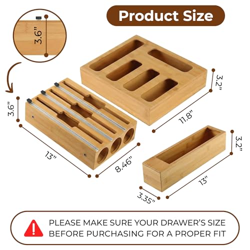9-in-1 Bamboo Kitchen Drawer Organizer - Storage Bag Holder with Built-In Foil & Wrap Cutter Dispenser - Wooden Food Storage Bag Organizer for Gallon, Quart, Sandwich and Snack Sizes by Generic - Used condition - Image 2