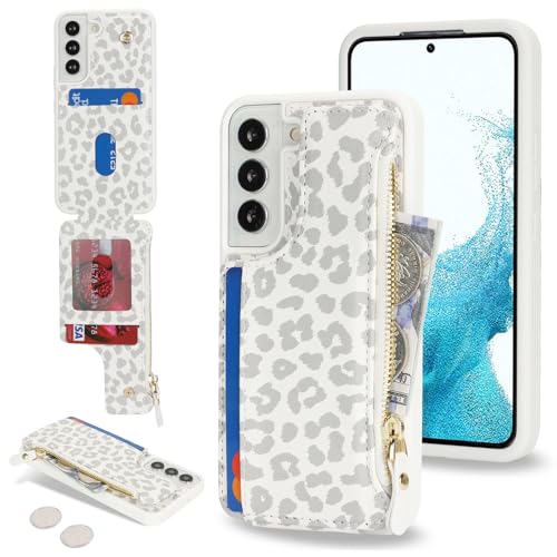 Cavor for Samsung Galaxy S22 Case Wallet with Card Holder, Leopard White