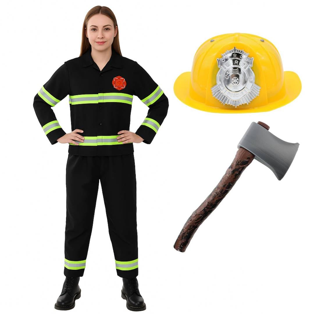 Ladies Firefighter Costume – Women’s Yellow Hat, 40cm Axe Prop & Firewoman Uniform with Reflective Detail – Fancy Dress, Hen Party Outfit, Halloween & Role Play - Small