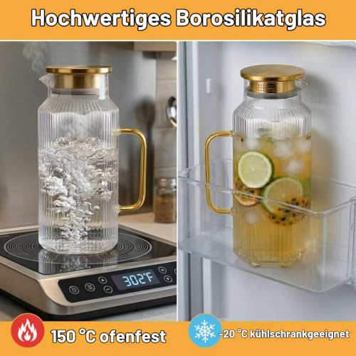 [2-Stück 68 OZ/ 2 Liter] - Achteckiger Glas Karaffe Krug mit Deckel und Auslauf, Klassischer Streifen-Wasserkrug mit Griff… – Ansicht 4