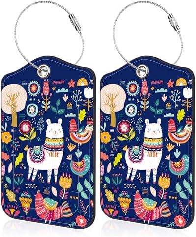 2 Pack Luggage Tags Llama Flowers Birds Pattern Leather Suitcases Tag with Name ID Card Stainless Steel Loop and Privacy Cover for Women Men Travel Luggage Accessories
