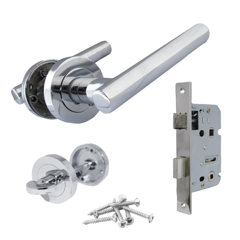 Epsom Door Handle Silver Bathroom Door Handle Pack – Chrome Lever On Rose With Bathroom Sash Lock & Thumbturn | Complete Internal Privacy Set