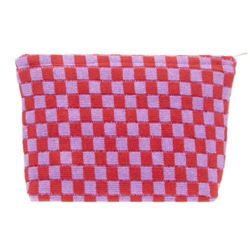 Checkered Makeup Bag for Purse, Small Flat Cosmetic Pouch,Red Purple