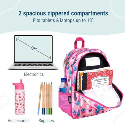 Image of Wildkin 15 Inch Backpack for Kids, Llamas and Cactus | Ages 5-10, padded straps, side water bottle pocket - coordinates with matching Wildkin lunch boxes and water bottles