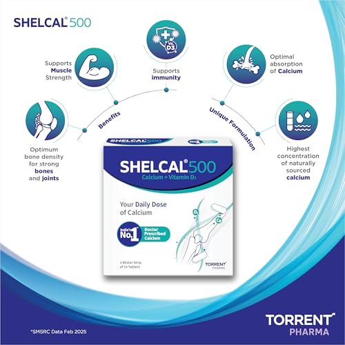 Image of Torrent Shelcal 500 Calcium Tablets With Vitamin D3, 60 Tablets 15 Tablets X Pack Of 4, Healthy And Strong Bone, Joint & Muscles, India's No.1 Doctor's Prescribed Calcium Supplement