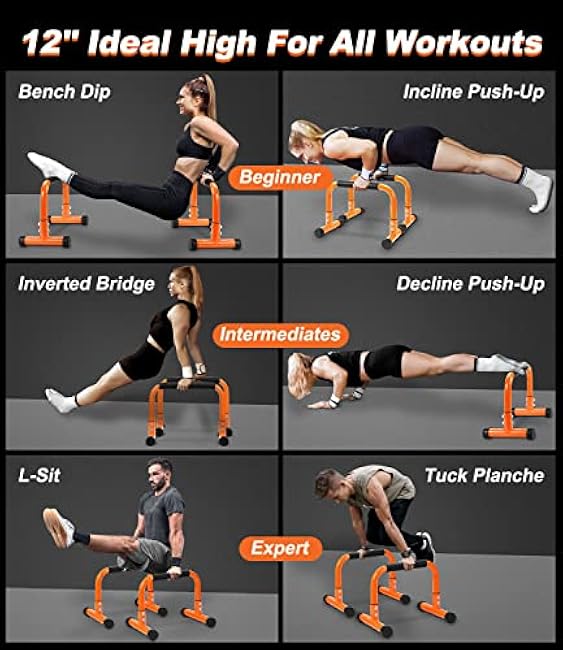 TABEKE Push Up Bar, 12 High Parallettes Bars & Dip Bar With Full-Cover Foam Handles, No Wobbling Calisthenics Equipment For Handstand, L-Sit, Gymnastics, Strength Training Home Gym