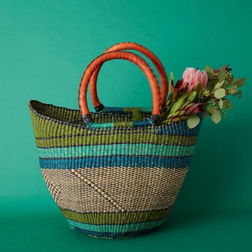 African Woven Market Basket Tote with Leather Handles Blue Green 16 Inch Wide