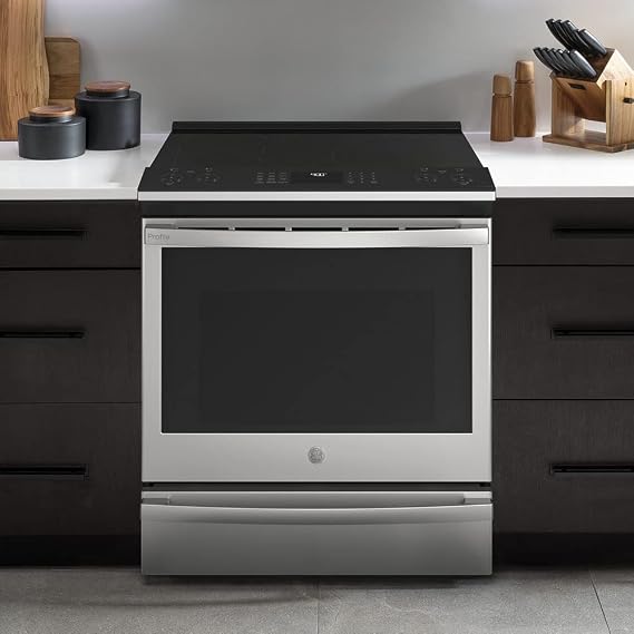 GE Profile PSS93YPFS 30 SlideIn Smart Electric Range with 4 Radiant Heating Elements, 5.3 Cu. Ft. True Convection Oven, Storage Drawer, WiFi, Self Clean with Steam Option,