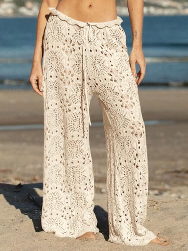 Saodimallsu Womens Crochet Swimsuit Coverup Pants High Waisted Drawstring Sexy Sheer Mesh Knit Wide Leg Beach Pants2