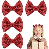 4PCS Christmas Sequins Glitter Red Bows for Hairs, Christmas Hair Accessories for Girls, Red Hair Bow Hair Clip for Girls Kids Teens Valentines Gift Party Dress
