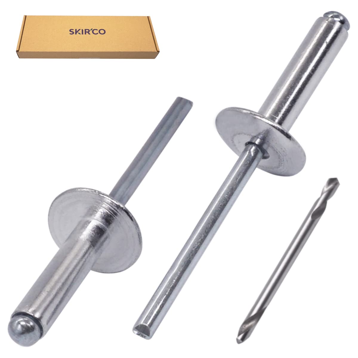 SKIR'CO (150 pcs) Large Flange Aluminium Blind Rivets 4.8 x 24 mm, Steel Mandrel, Drill Bit Included, Silver - Image 2