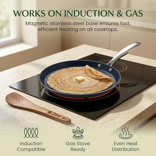 Image of Zira Triply Ceramic Dosa Tawa 28cm + Free Spatula | 100% Chemical Free Ceramic Surface | Triply Base for Fast Even Heating | Stick-Free Low Oil Cooking | Induction & Gas | ISI | 5 Year Warranty